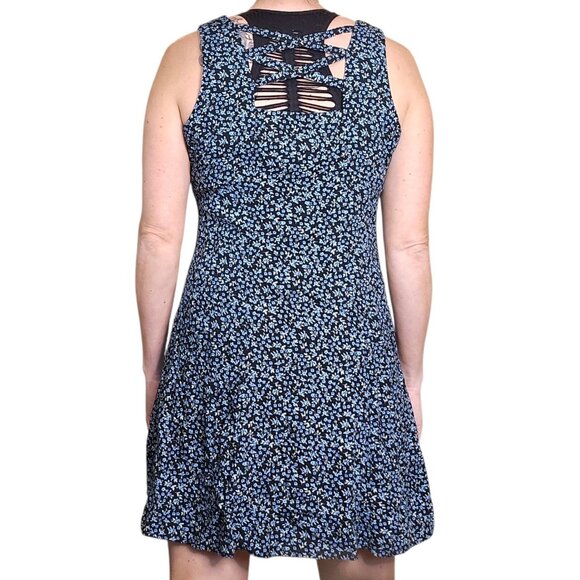 VTG 90 Dark Floral Mini Shirt Dress Black Blue Sleeveless Sz 8 Whimsigoth Grunge - Picture 6 of 10